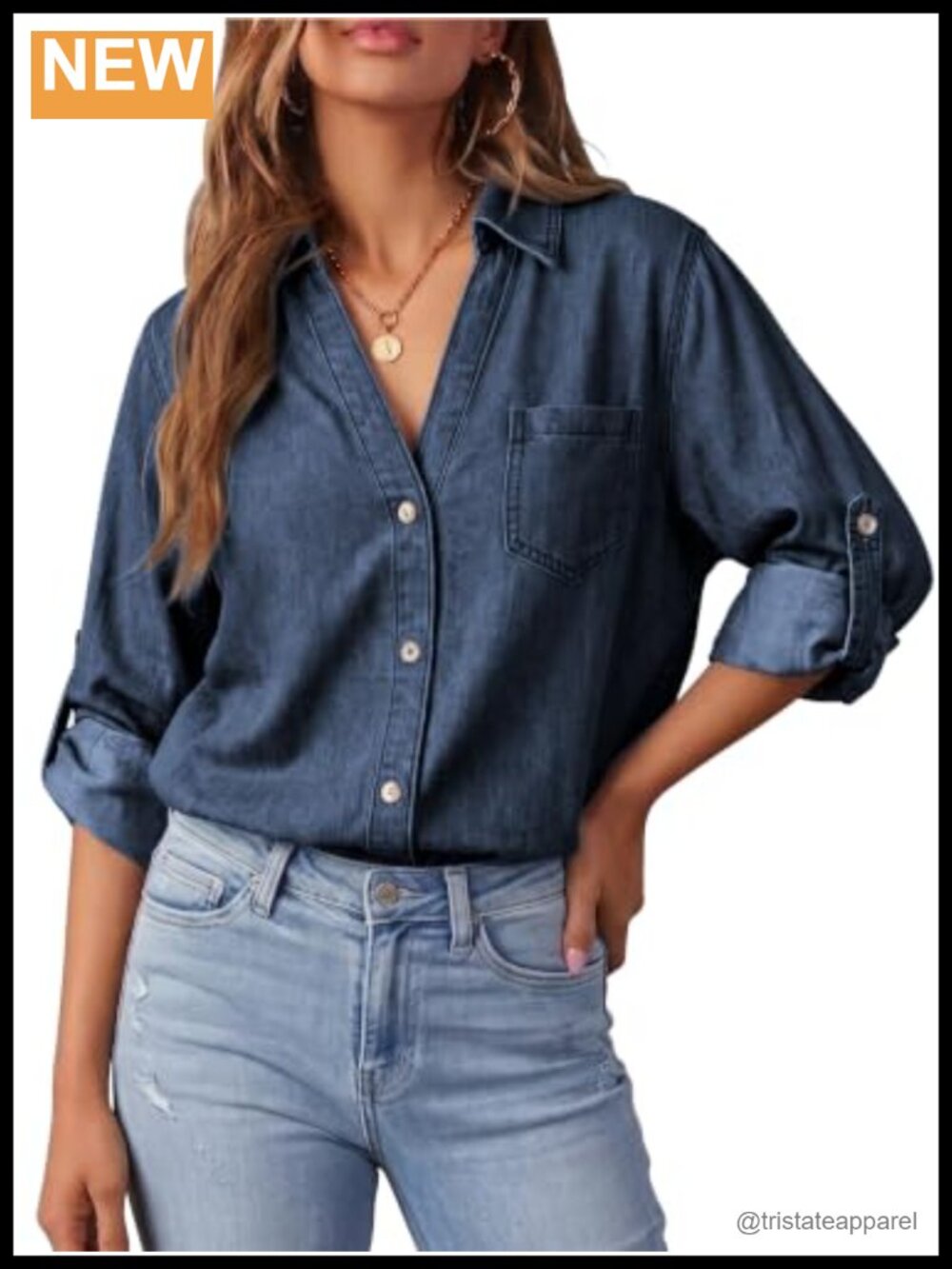 Womens Denim Button Down Shirt V-Neck Long Sleeve Jean Blouse